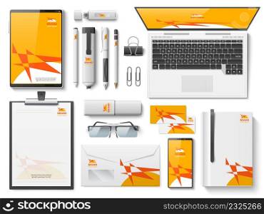 Corporate identity design. Realistic top view stationery or gadgets template. Office workplace branding mockup. Devices and paper notepads. Company style. Vector isolated working table accessories set. Corporate identity design. Realistic top view stationery or gadgets template. Office workplace branding mockup. Devices and notepads. Company style. Vector working table accessories set