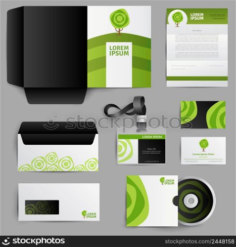 Corporate identity eco design of envelope postcard invitation badge with green tree icons isolated vector illustration. Corporate Identity Eco Design With Green Tree