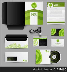 Corporate Identity Eco Design With Green Tree. Corporate identity eco design of envelope postcard invitation badge with green tree icons isolated vector illustration