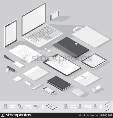 Corporate identity mock-up template. Flat isometric design. Vector illustration.