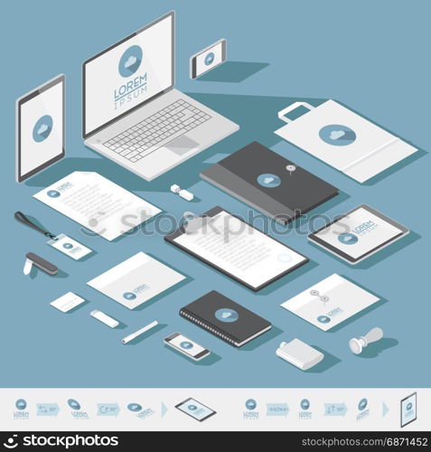 Corporate identity mock-up template. Flat isometric design. Vector illustration.