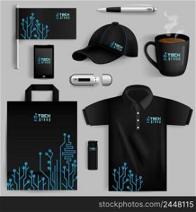 Corporate identity objects set with smartphone lighter cup with technology pattern isolated vector illustration. Identity Technology Set