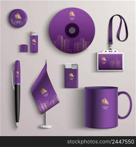 Corporate identity purple design template with branded business stationery set isolated vector illustration. Corporate Identity Design