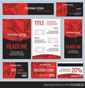 Corporate identity red polygonal banners and business cards. Corporate identity red polygonal banners and flyers, vector brochures and gift cards, illustration of business cards