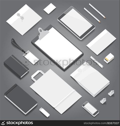 Corporate identity stationery objects mock-up template. Isometric style. Vector illustration.