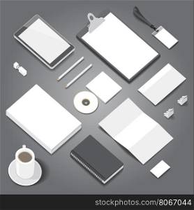 Corporate identity stationery objects mock-up template. Isometric style. Vector illustration.
