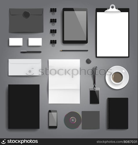 Corporate identity stationery objects mock-up template. Vector illustration.