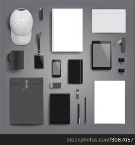 Corporate identity stationery objects mock-up template. Vector illustration.