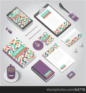 Corporate identity stationery objects print template. Isometric style. Vector illustration.