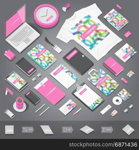 Corporate identity stationery objects print template. Isometric style. Vector illustration.