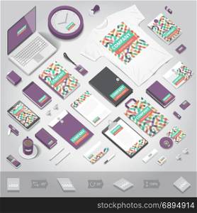 Corporate identity stationery objects print template. Isometric style. Vector illustration.
