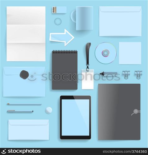 "Corporate identity template on blue background. Use layer "Print" in vector file to recolor objects. Eps-10 with transparency."