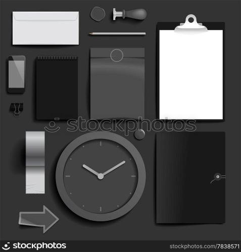 "Corporate identity template on dark background. Use layer "Print" in vector file to recolor objects. Eps-10 with transparency."