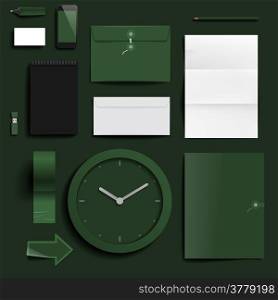 "Corporate identity template on dark green background. Use layer "Print" in vector file to recolor objects. Eps-10 with transparency."