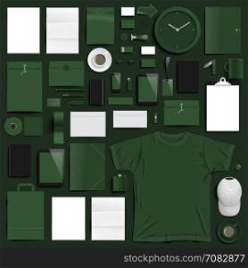 "Corporate identity template on dark green background. Use layer "Print" in vector file to recolor objects. Eps-10 with transparency."