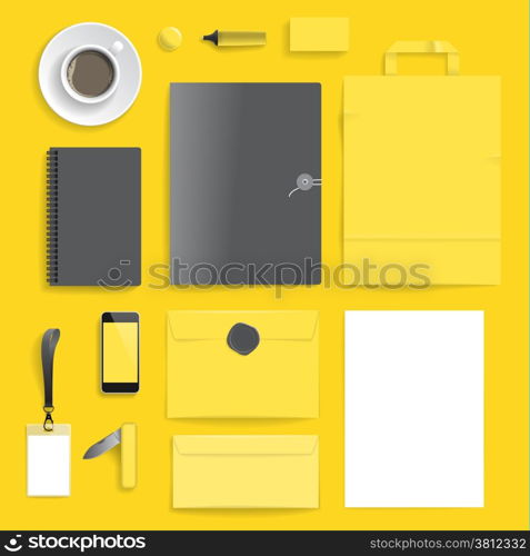 "Corporate identity template on yellow background. Use layer "Print" in vector file to recolor objects. Eps-10 with transparency."