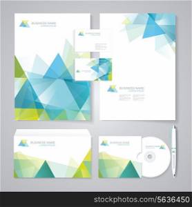 Corporate identity template with blue and green geometric elements. Documentation for business.