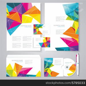 Corporate identity template with blue and green geometric elements. Documentation for business.