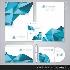 Corporate identity template with blue polygonal design elements. Documentation for business.
