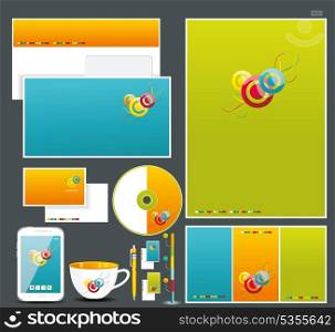 Corporate identity templates:blank, business cards, disk, envelope, smart phone, pen, badge, cup.