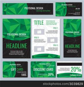 Corporate identity vector template with green polygonal elements. Corporate identity vector template with green polygonal elements. Mock up banner for business with headline, illustration of booklet with geometric polygonal pattern for business