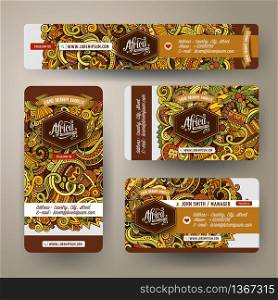 Corporate Identity vector templates set design with doodles hand drawn Africa theme. Colorful banner, id cards, flayer design. Templates set. Corporate Identity set with doodles hand drawn Africa theme