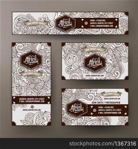 Corporate Identity vector templates set design with doodles hand drawn Africa theme. Line art banner, id cards, flayer design. Templates set. Corporate Identity set with doodles hand drawn Africa theme