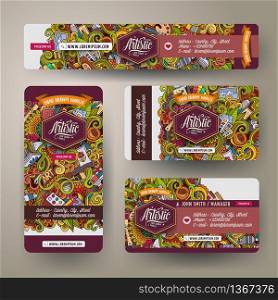 Corporate Identity vector templates set design with doodles hand drawn Artist theme. Colorful banner, id cards, flayer design. Templates set