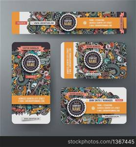 Corporate Identity vector templates set design with doodles hand drawn Automobile theme. Colorful banner, id cards, flayer design. Templates set. Corporate Identity vector templates set with doodles Automobile theme.