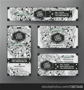 Corporate Identity vector templates set design with doodles hand drawn Automobile theme. Line art banner, id cards, flayer design. Templates set. Corporate Identity vector templates set with doodles Automobile theme.