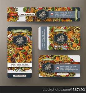 Corporate Identity vector templates set design with doodles hand drawn Autumn season theme. Colorful banner, id cards, flayer design. Templates set. Corporate Identity set with doodles Autumn theme
