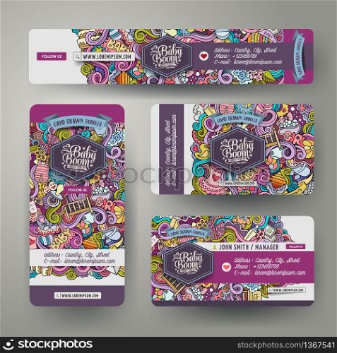 Corporate Identity vector templates set design with doodles hand drawn baby theme. Colorful banner, id cards, flayer design. Templates set. Corporate Identity templates set with doodles baby theme