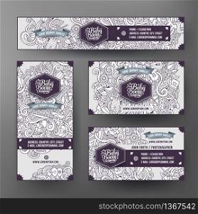 Corporate Identity vector templates set design with doodles hand drawn baby theme. Sketchy banner, id cards, flayer design. Templates set. Corporate Identity templates set with doodles baby theme