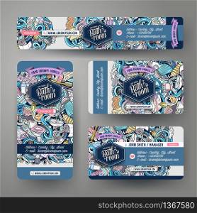 Corporate Identity vector templates set design with doodles hand drawn Bathroom theme. Colorful banner, id cards, flayer design. Templates set. Corporate Identity vector templates set design with doodles Bathroom theme