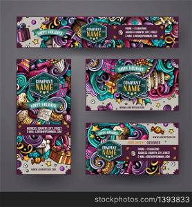 Corporate Identity vector templates set design with doodles hand drawn Birthday theme. Colorful banner, id cards, flayer design. Templates set. Corporate Identity vector templates set design with doodles Birthday theme