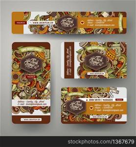 Corporate Identity vector templates set design with doodles hand drawn Cafe theme. Colorful banner, id cards, flayer design. Templates set. Corporate Identity set with doodles hand drawn Cafe theme