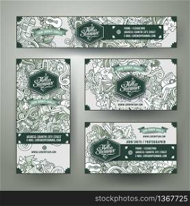 Corporate Identity vector templates set design with doodles hand drawn camping theme. Line art banner, id cards, flayer design. Templates set. Corporate Identity vector templates set doodles camping theme