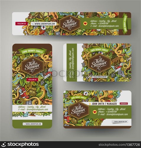 Corporate Identity vector templates set design with doodles hand drawn camping theme. Colorful banner, id cards, flayer design. Templates set. Cartoon vector hand-drawn camp doodle corporate identity