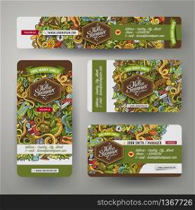 Corporate Identity vector templates set design with doodles hand drawn camping theme. Colorful banner, id cards, flayer design. Templates set. Cartoon vector hand-drawn camp doodle corporate identity