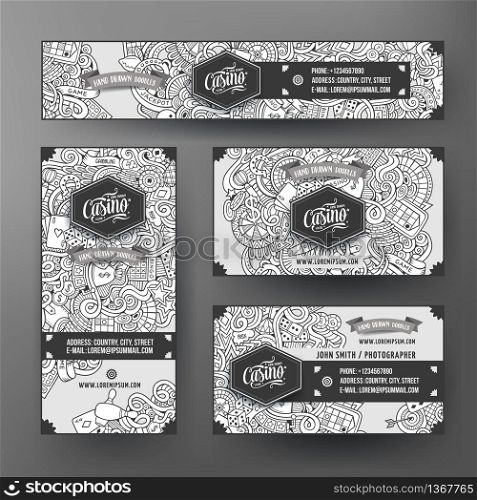 Corporate Identity vector templates set design with doodles hand drawn casino theme. Sketchy banner, id cards, flayer design. Templates set. Corporate Identity with doodles Casino theme