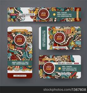 Corporate Identity vector templates set design with doodles hand drawn cinema theme. Colorful banner, id cards, flayer design. Templates set. Corporate Identity templates set with doodles cinema theme