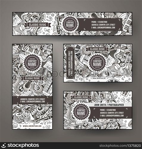 Corporate Identity vector templates set design with doodles hand drawn Classic music theme. Line art banner, id cards, flayer design. Templates set. Corporate Identity vector templates set design with doodles Classic music theme