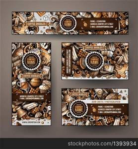 Corporate Identity vector templates set design with doodles hand drawn Coffee Shop theme. Colorful banner, id cards, flayer design. Templates set. Corporate Identity vector templates set design with doodles hand drawn Coffee Shop theme
