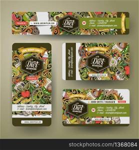 Corporate Identity vector templates set design with doodles hand drawn Diet food theme. Colorful banner, id cards, flayer design. Templates set. Corporate Identity vector templates set with doodle Diet food theme