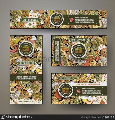 Corporate Identity vector templates set design with doodles hand drawn Diet food theme. Colorful banner, id cards, flayer design. Templates set. Corporate Identity vector templates set design with doodles Diet food theme