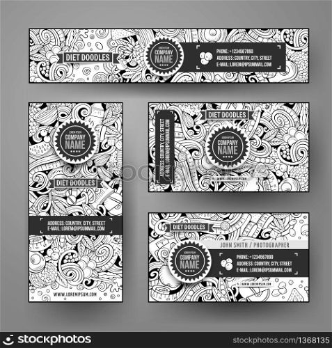 Corporate Identity vector templates set design with doodles hand drawn Diet food theme. Line art banner, id cards, flayer design. Templates set