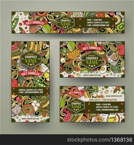 Corporate Identity vector templates set design with doodles hand drawn Diet food theme. Colorful banner, id cards, flayer design. Templates set. Corporate Identity vector templates set design with doodles Diet food theme