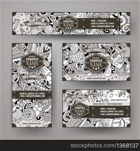 Corporate Identity vector templates set design with doodles hand drawn Diet food theme. Line art banner, id cards, flayer design. Templates set. Corporate Identity vector templates set design with doodles hand