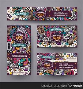 Corporate Identity vector templates set design with doodles hand drawn Disco music theme. Colorful banner, id cards, flayer design. Templates set. Corporate Identity vector templates set design with doodles Disco music theme