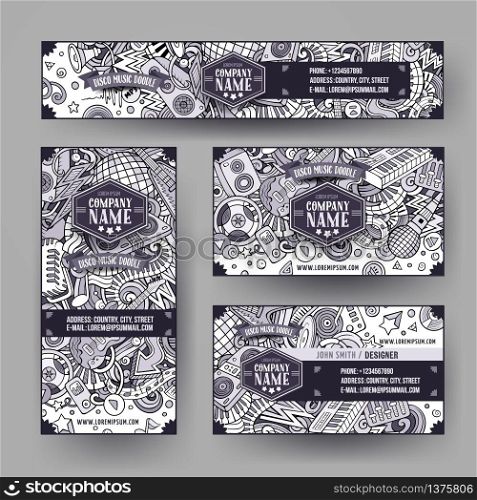Corporate Identity vector templates set design with doodles hand drawn Disco music theme. Line art banner, id cards, flayer design. Templates set. Corporate Identity vector templates set design with doodles hand
